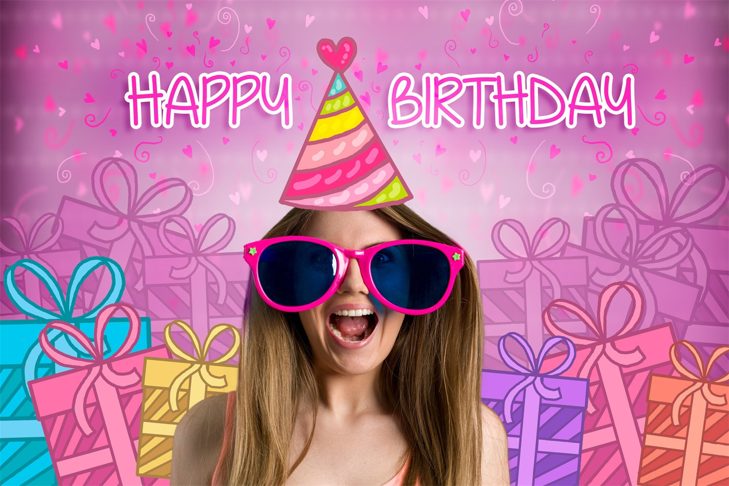 Benutzerdefinierte Hintergrund Geburtstag Rosa Puppe Freude Sonnenbrille Party Hintergrund LXX1-209