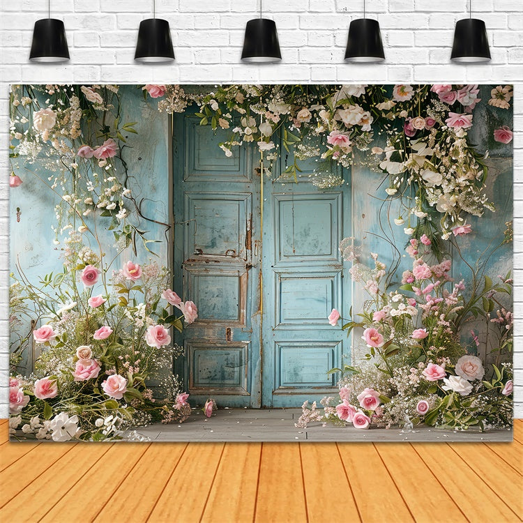 Haustierfotografie Hintergrundkulissen Blaue Tür Elegante Blüten Hintergrund LXX1-252