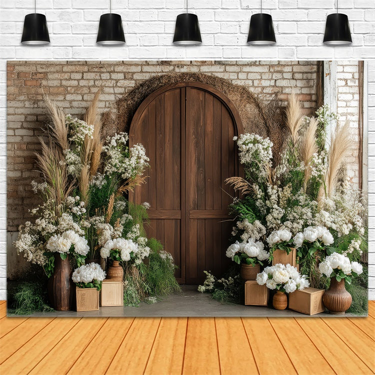 Haustier-Fotohintergrund Rustikale Holztür Blumenhintergrund LXX1-255