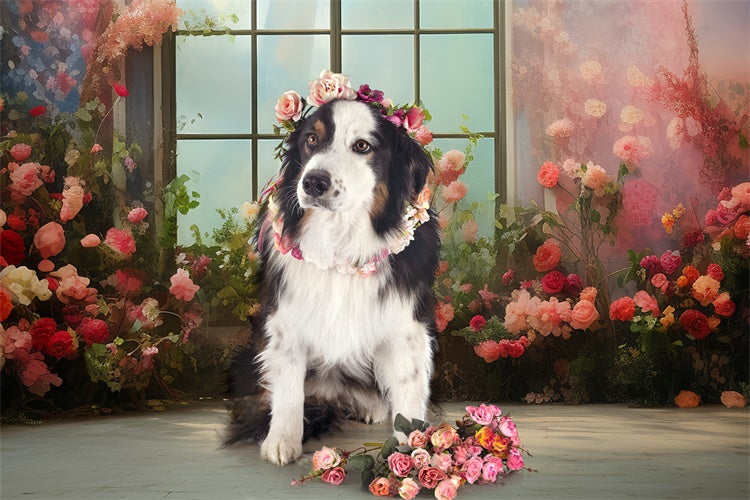 Backdrop Haustier Romantischer Fensterblick Floral Hintergrund LXX1-264
