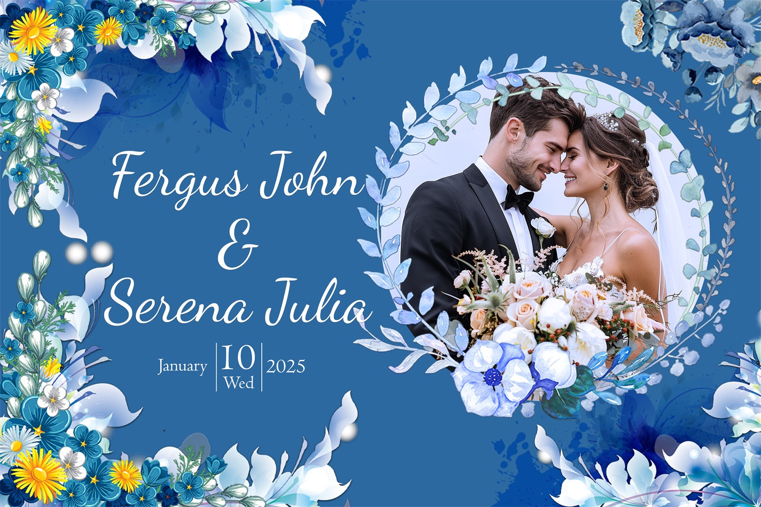 Individuelle Hochzeit Fotokulisse Romantisch Blau Weiß Floral Hintergrund LXX2-146