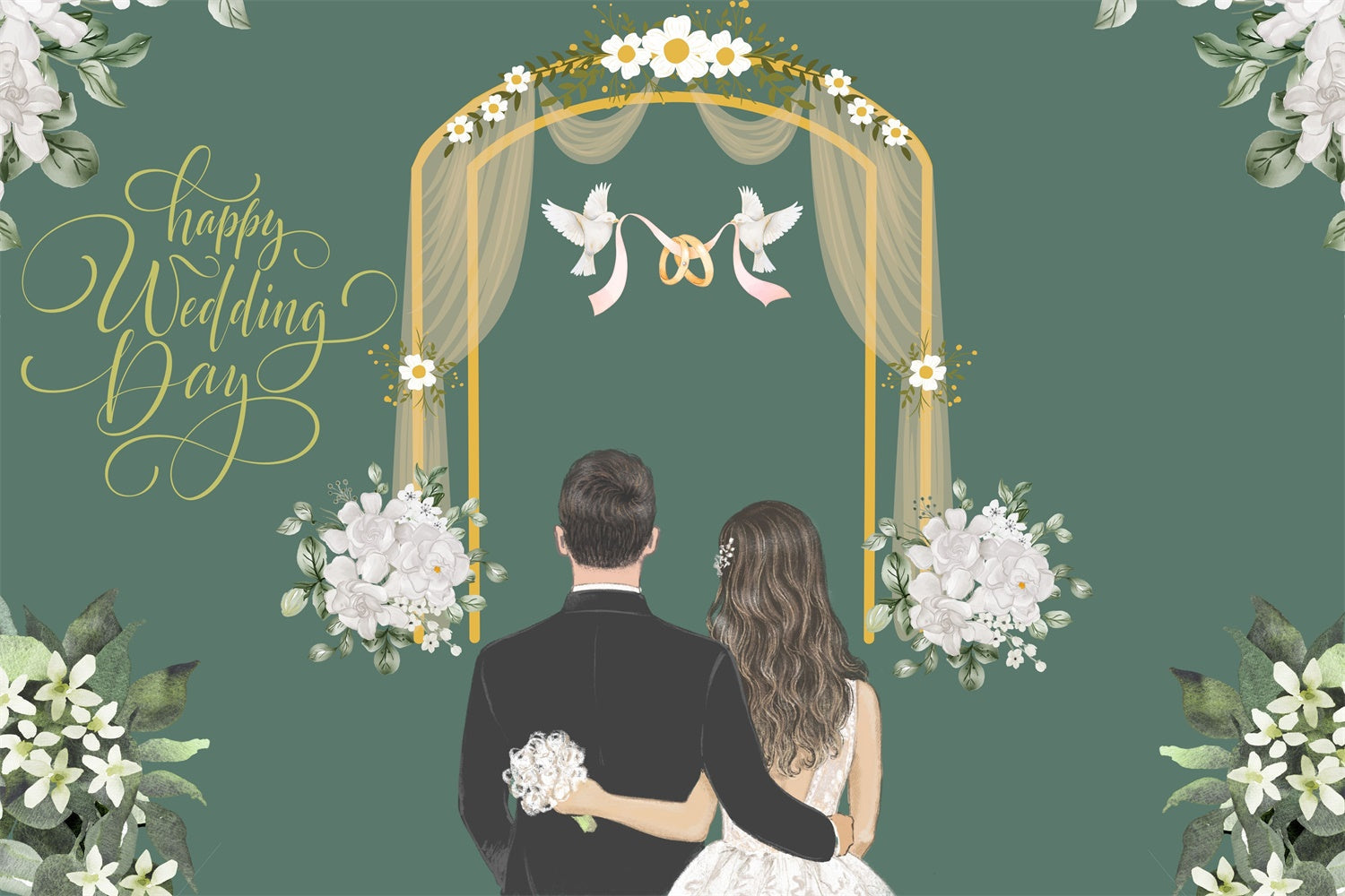Individueller Hintergrund für Hochzeit Elegant Weiß Floral Grüner Hintergrund LXX2-148