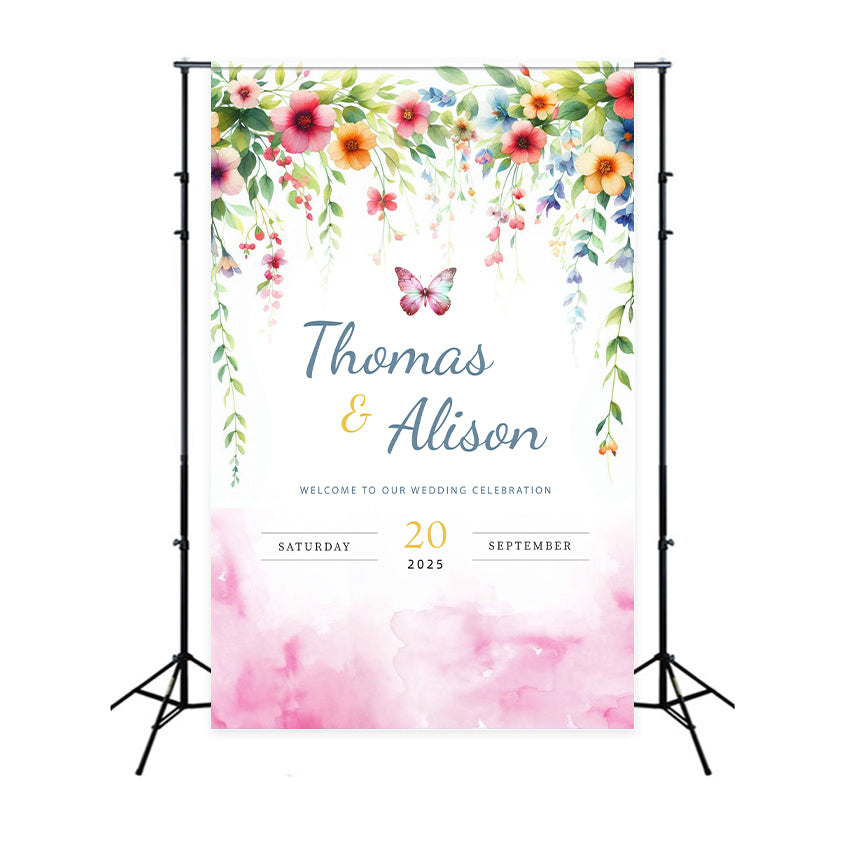 Personalisierte Hochzeit Fotohintergrund verträumte Blumen Schmetterling Hintergrund LXX2-172
