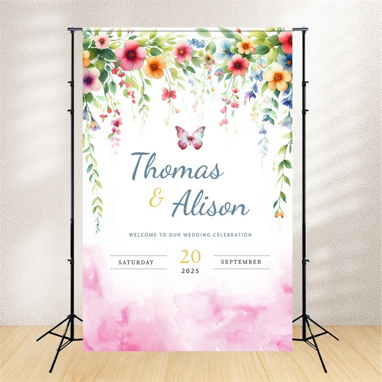 Personalisierte Hochzeit Fotohintergrund verträumte Blumen Schmetterling Hintergrund LXX2-172