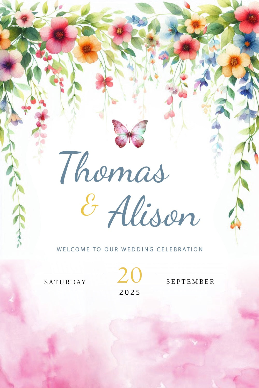 Personalisierte Hochzeit Fotohintergrund verträumte Blumen Schmetterling Hintergrund LXX2-172