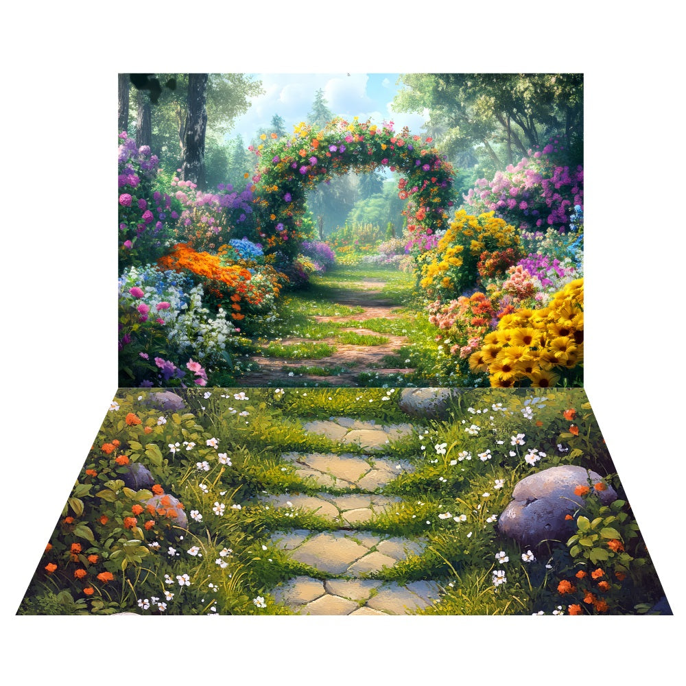 Frühlingsblumen Bogenhintergrund+Kopfsteinpflaster Garten Boden Hintergrund LXX2-177