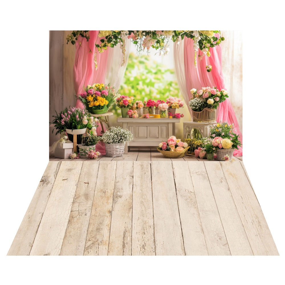 Frühlingsblühende Blumenladen-Hintergrundkulisse+Weißer Dielenboden-Hintergrundkulisse LXX2-182
