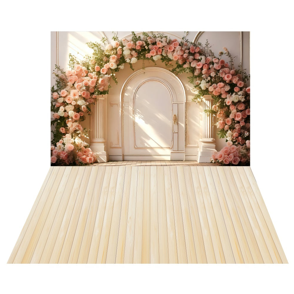 Frühling Weißer Bogen Blumenhintergrund+Creme Holzbodenhintergrund LXX2-190
