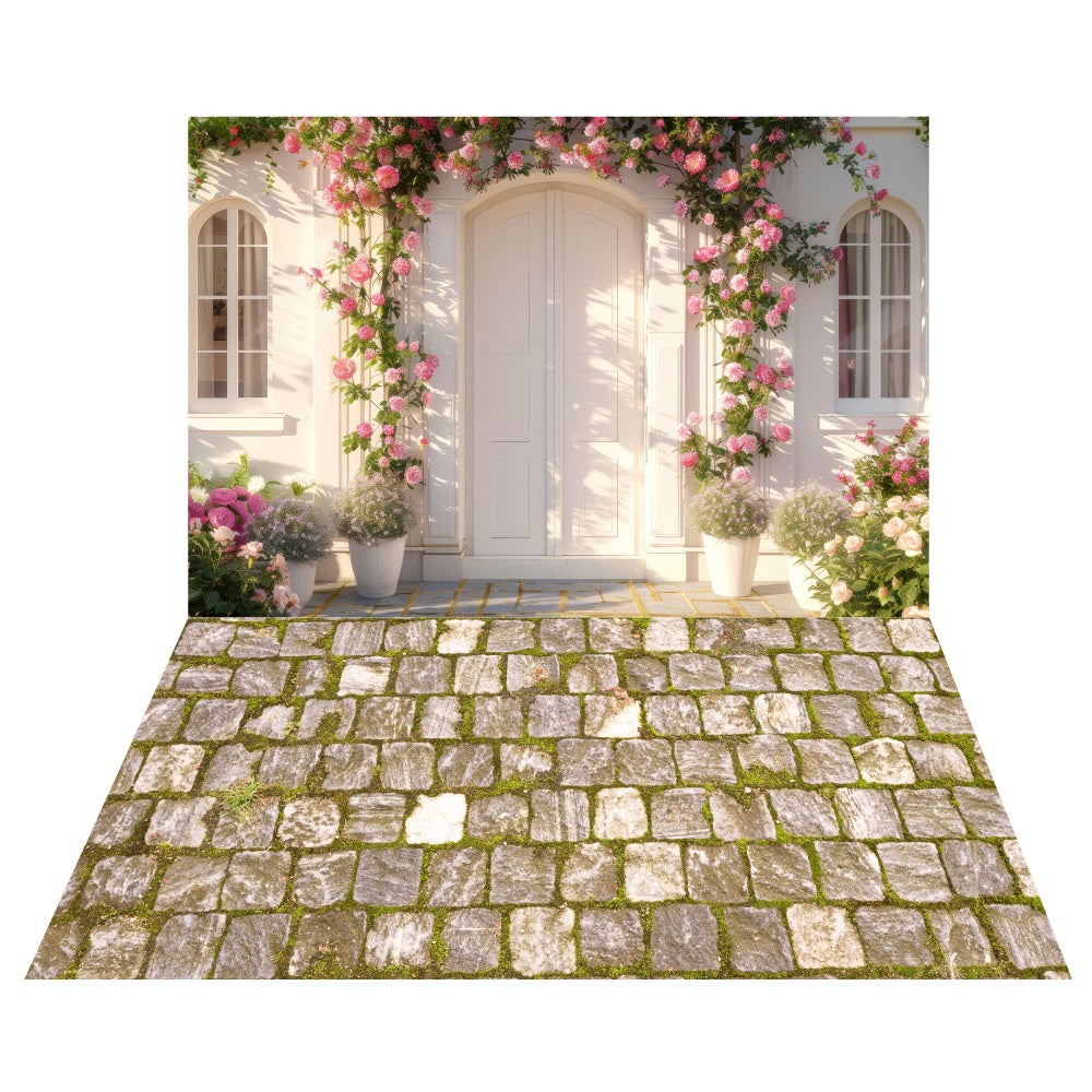 Frühling Garten Veranda Hintergrund+Moosiger Steinweg Boden Hintergrund LXX2-192