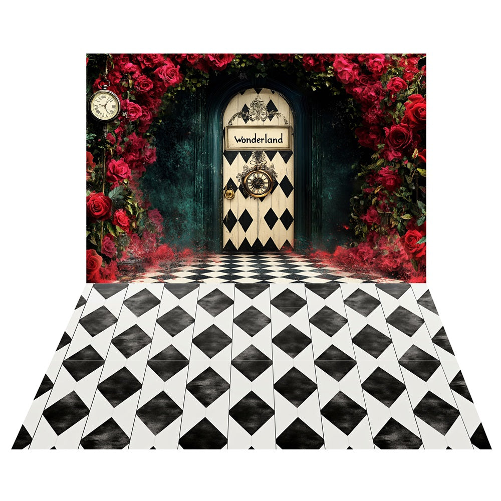 Alice Wonderland Rosen Backdrop+Schwarzer weißer Boden Backdrop LXX2-208