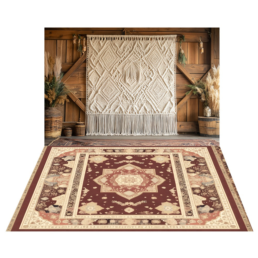 Boho Makramee Scheune Hintergrund+Vintage Perserteppich Boden Hintergrund LXX2-217