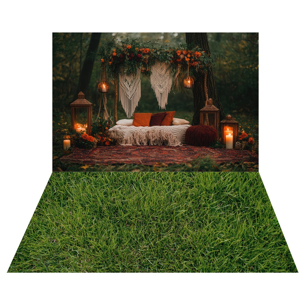 Boho Candlelit Forest Retreat Hintergrund+Wiesengras Boden Hintergrund LXX2-218