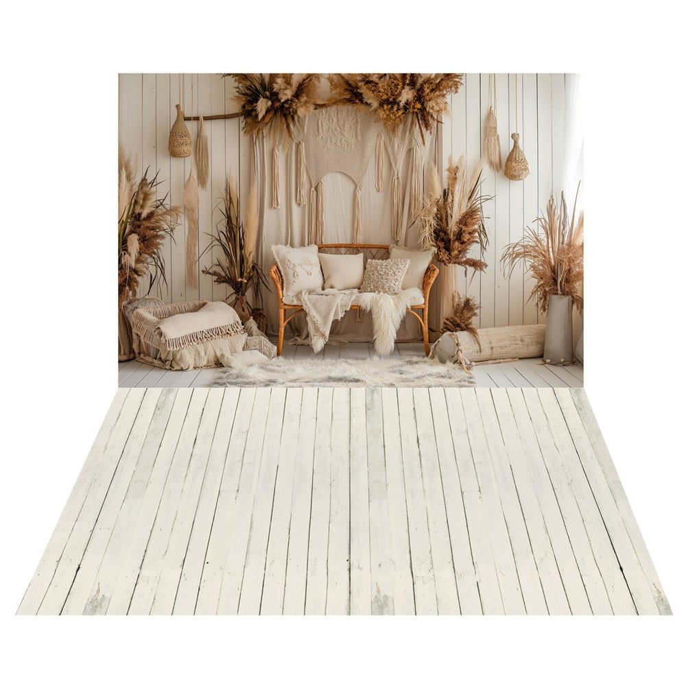 Boho Lounge Floral Backdrop+Weißer Rustikaler Holzboden Backdrop LXX2-225