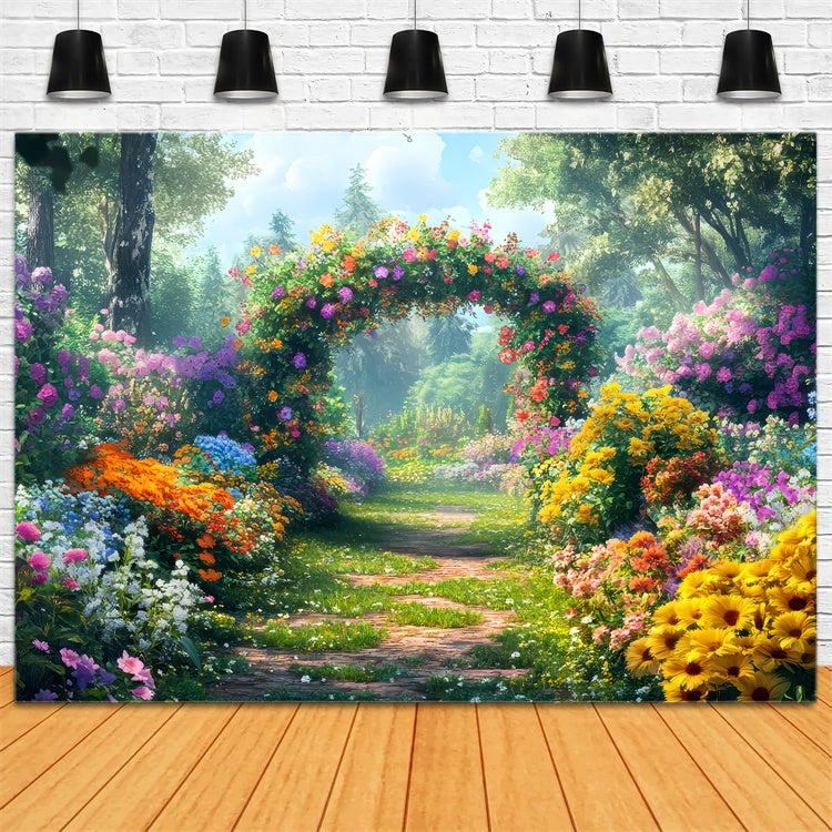 Frühling Fotohintergrund Bunte Blumen Sonnenbeschienener Pfad Hintergrund LXX2-34