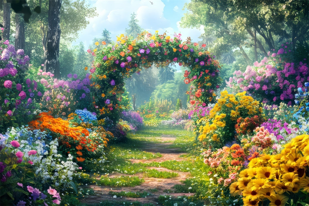 Frühling Fotohintergrund Bunte Blumen Sonnenbeschienener Pfad Hintergrund LXX2-34
