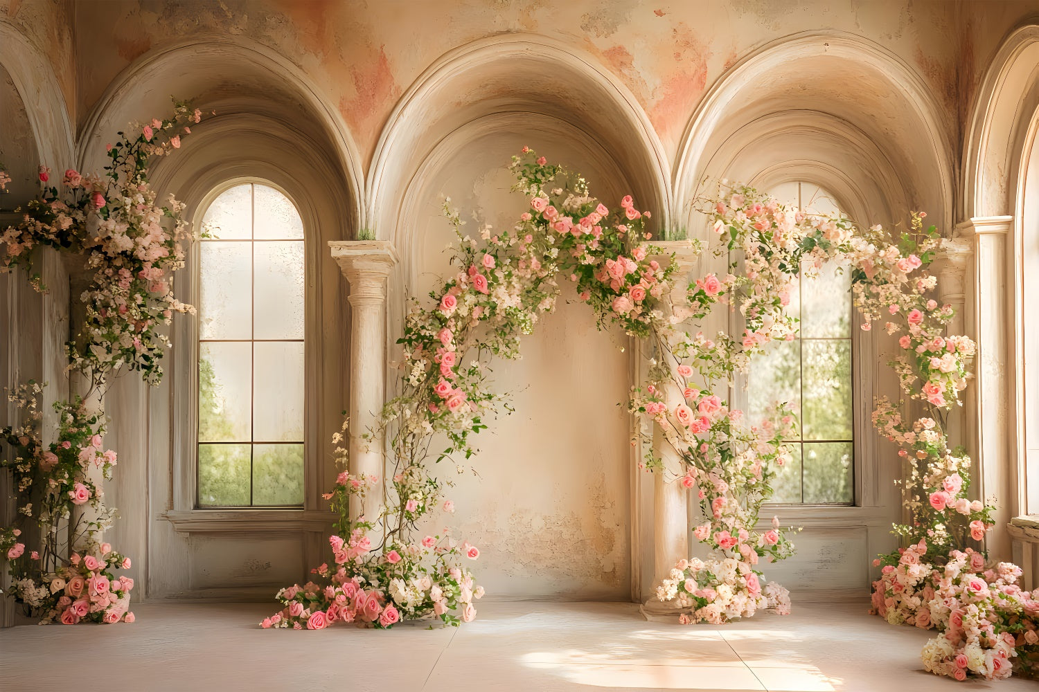 Frühlingshintergrund Blumenbogen Eleganter Fensterhintergrund LXX2-41