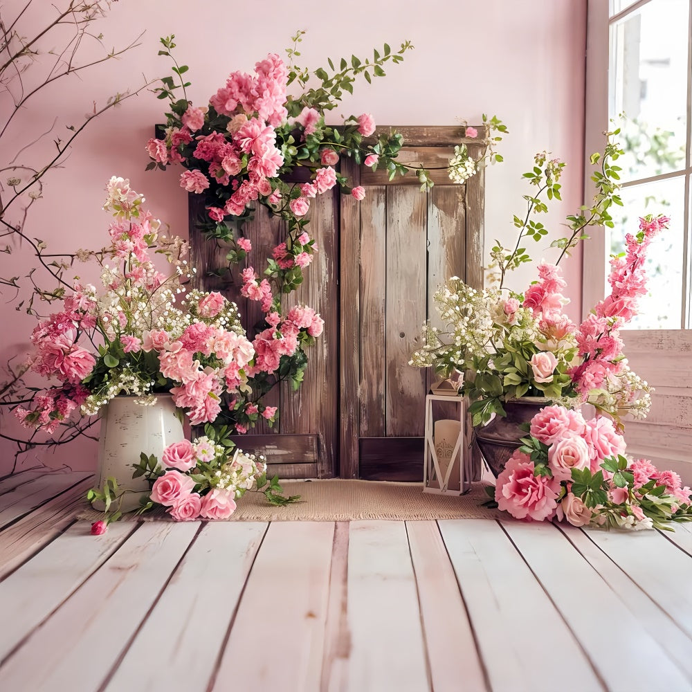 Frühlingshintergrund Vintage Pink Floral Holztür Hintergrund LXX2-46