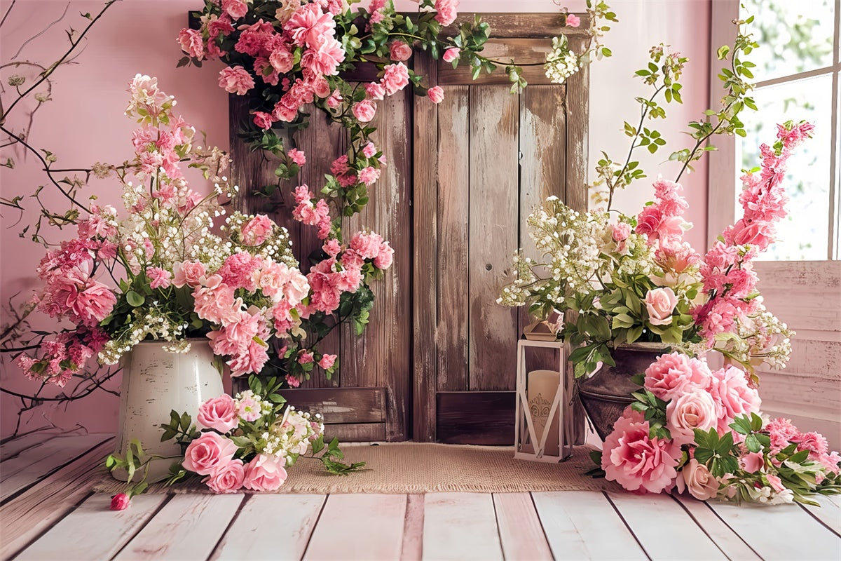 Frühlingshintergrund Vintage Pink Floral Holztür Hintergrund LXX2-46