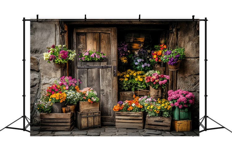 Frühlings-Hintergrundkulissen Rustikaler Blumenmarkt Holztür-Hintergrund LXX2-63