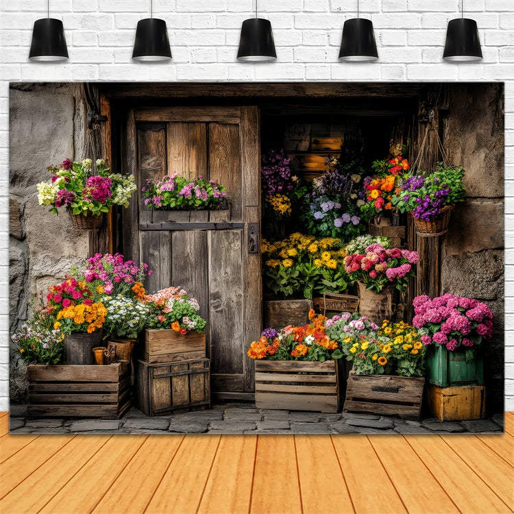Frühlings-Hintergrundkulissen Rustikaler Blumenmarkt Holztür-Hintergrund LXX2-63