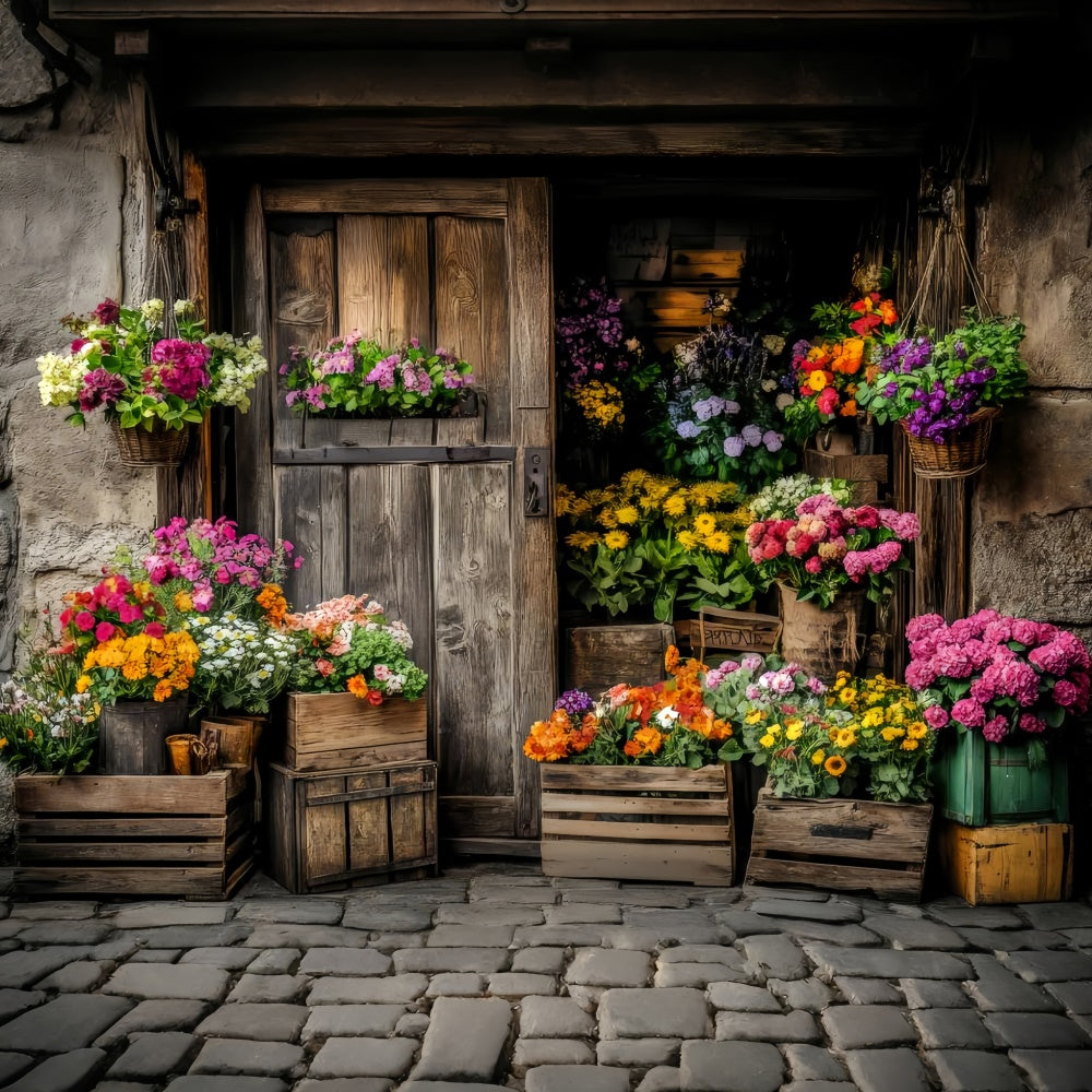 Frühlings-Hintergrundkulissen Rustikaler Blumenmarkt Holztür-Hintergrund LXX2-63