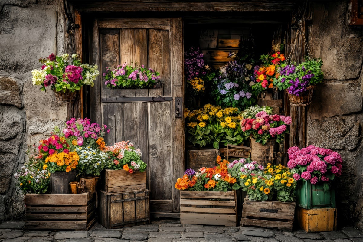 Frühlings-Hintergrundkulissen Rustikaler Blumenmarkt Holztür-Hintergrund LXX2-63