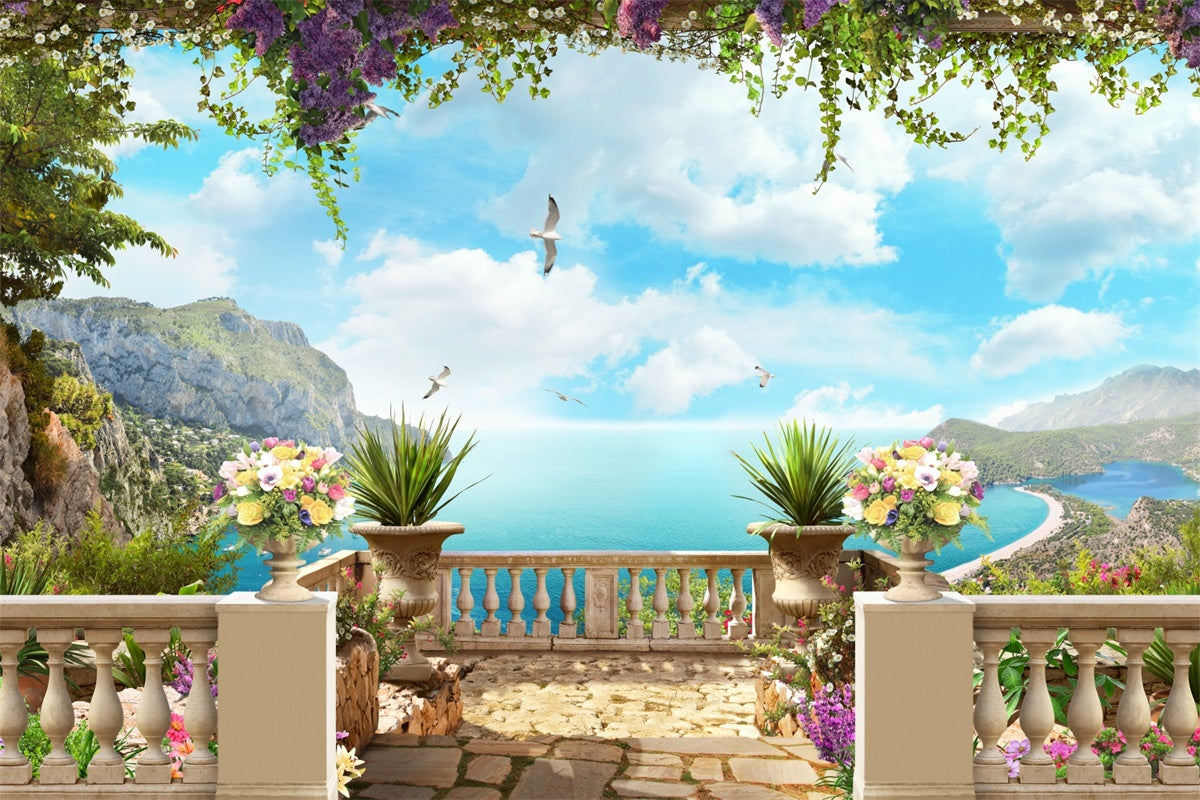 Backdrops für Frühling Floral Terrasse Strandansicht Backdrop LXX2-66
