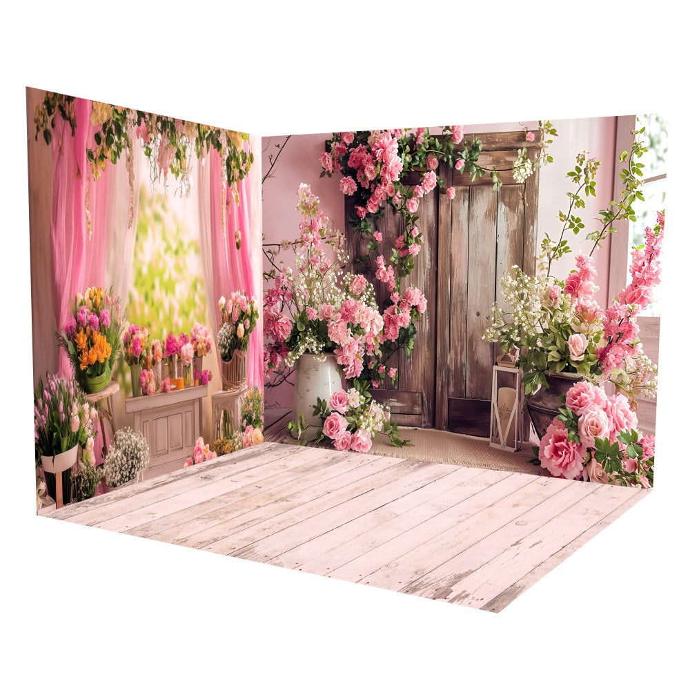 Pinke Blumentür aus Holz als Hintergrundkulisse Raumset LXX3-13
