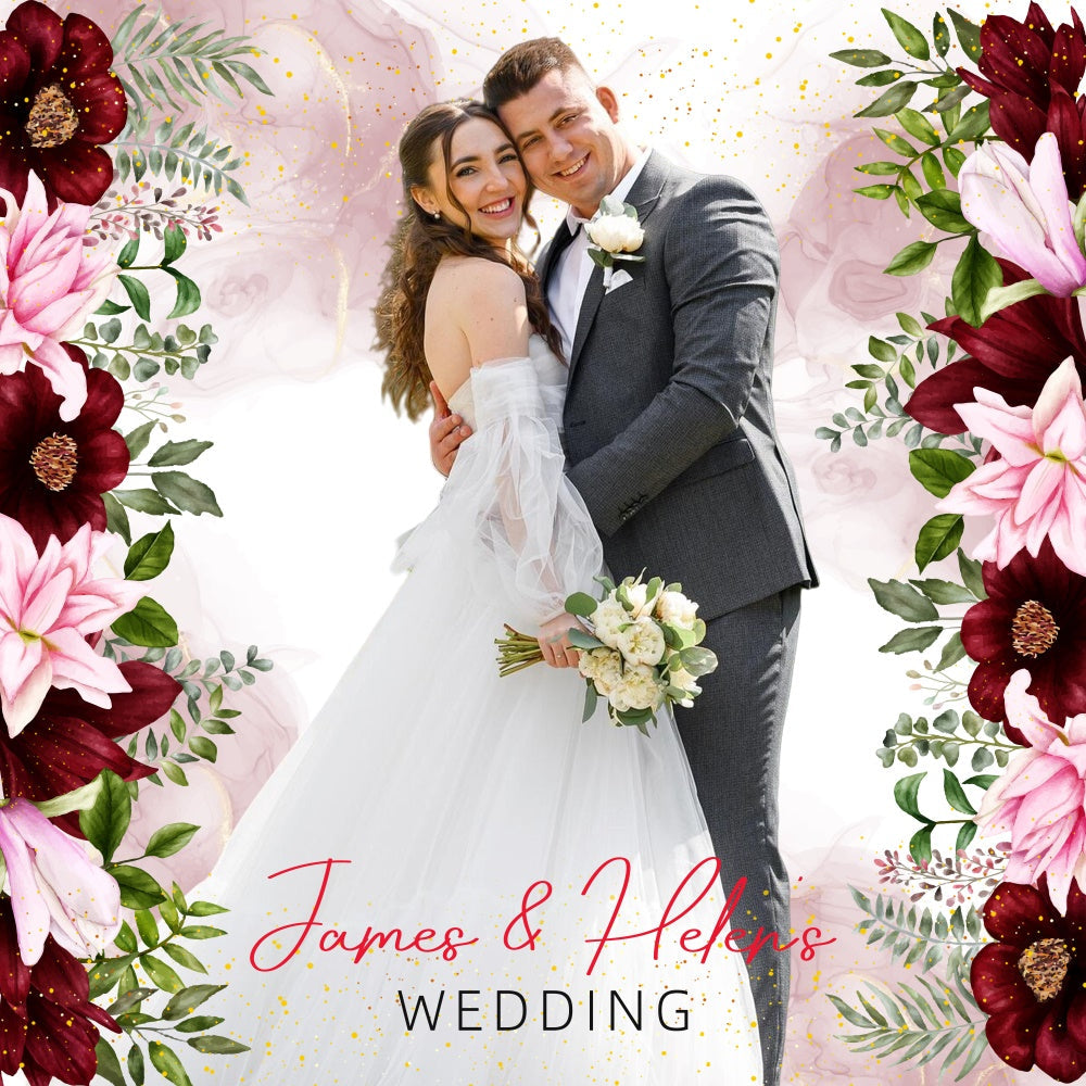 Hochzeit Fotokulisse Romantisch Weinrot Blüte Personalisierte Kulisse LXX5-159