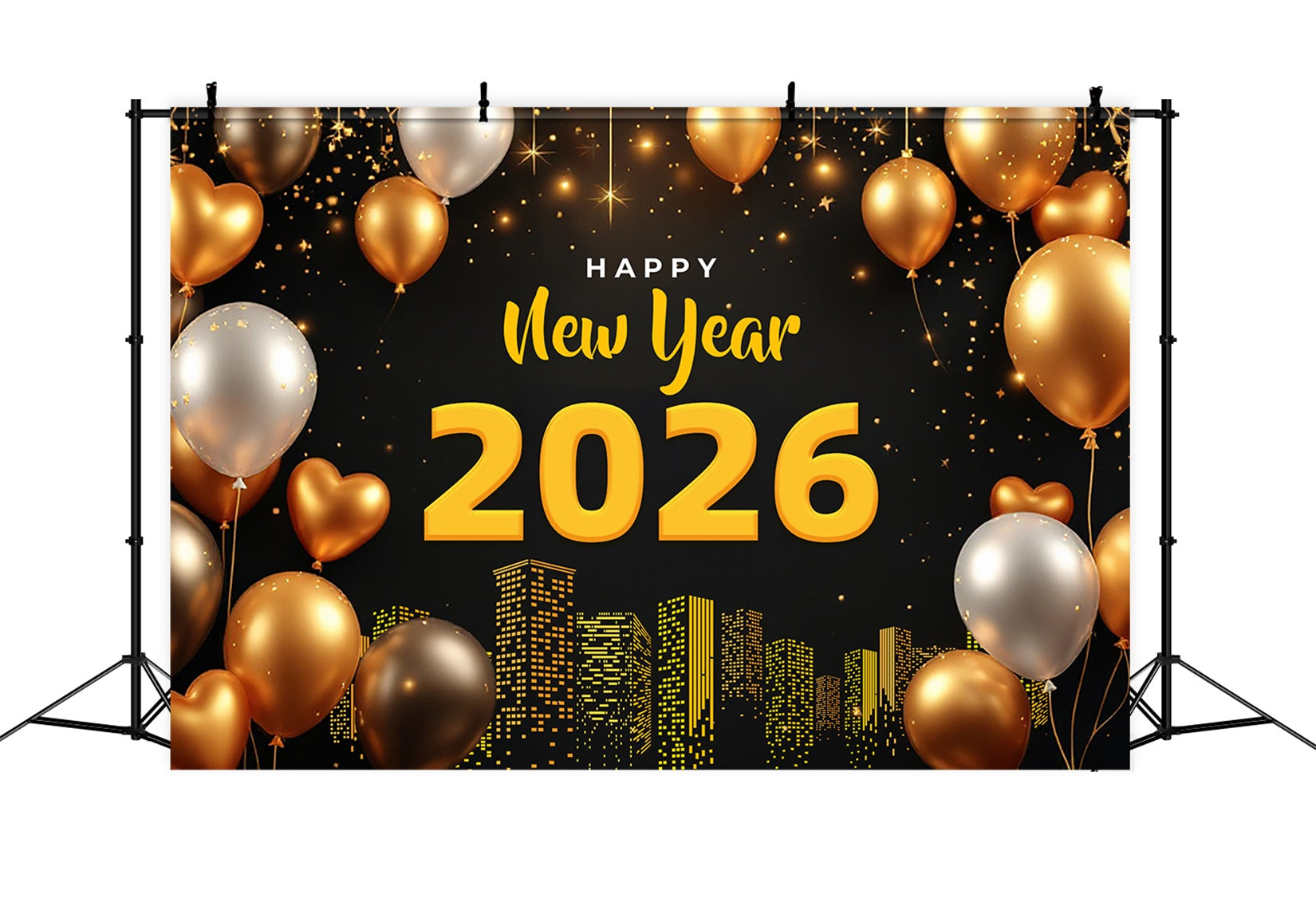 Frohes Neues Jahr 2026 Hintergrund Goldene Luftballons Lichter der Stadt Silvester Hintergrund LXX510-1
