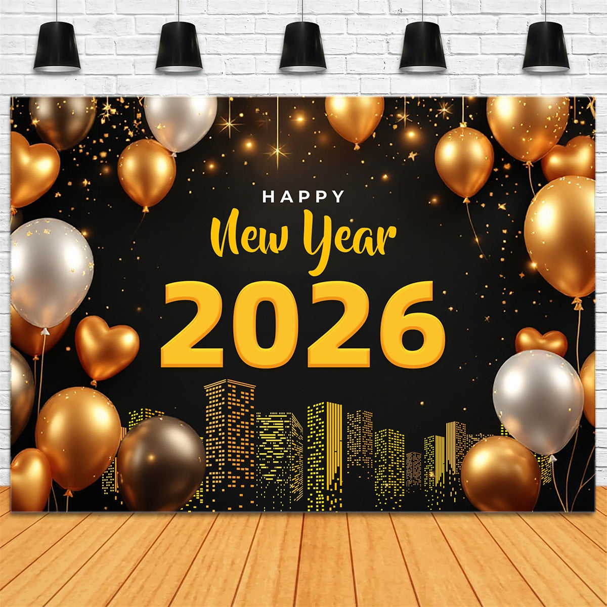Frohes Neues Jahr 2026 Hintergrund Goldene Luftballons Lichter der Stadt Silvester Hintergrund LXX510-1