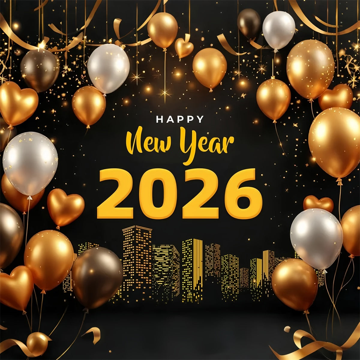 Frohes Neues Jahr 2026 Hintergrund Goldene Luftballons Lichter der Stadt Silvester Hintergrund LXX510-1