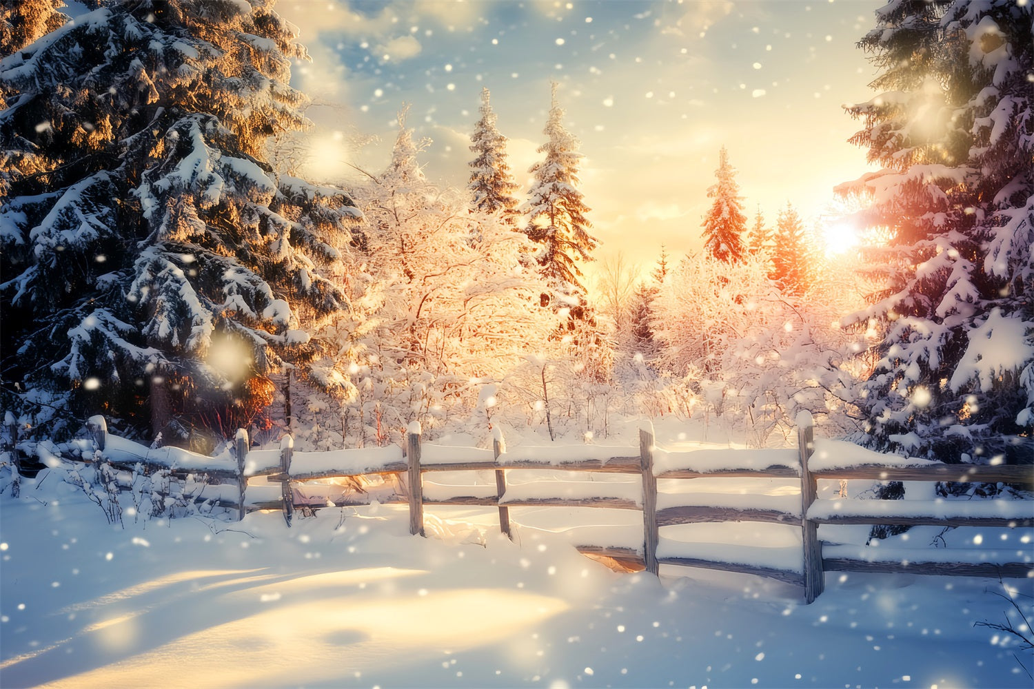 Winterwunderland-Hintergrund Goldener Sonnenaufgang Schneewald Winterhintergrund LXX510-100