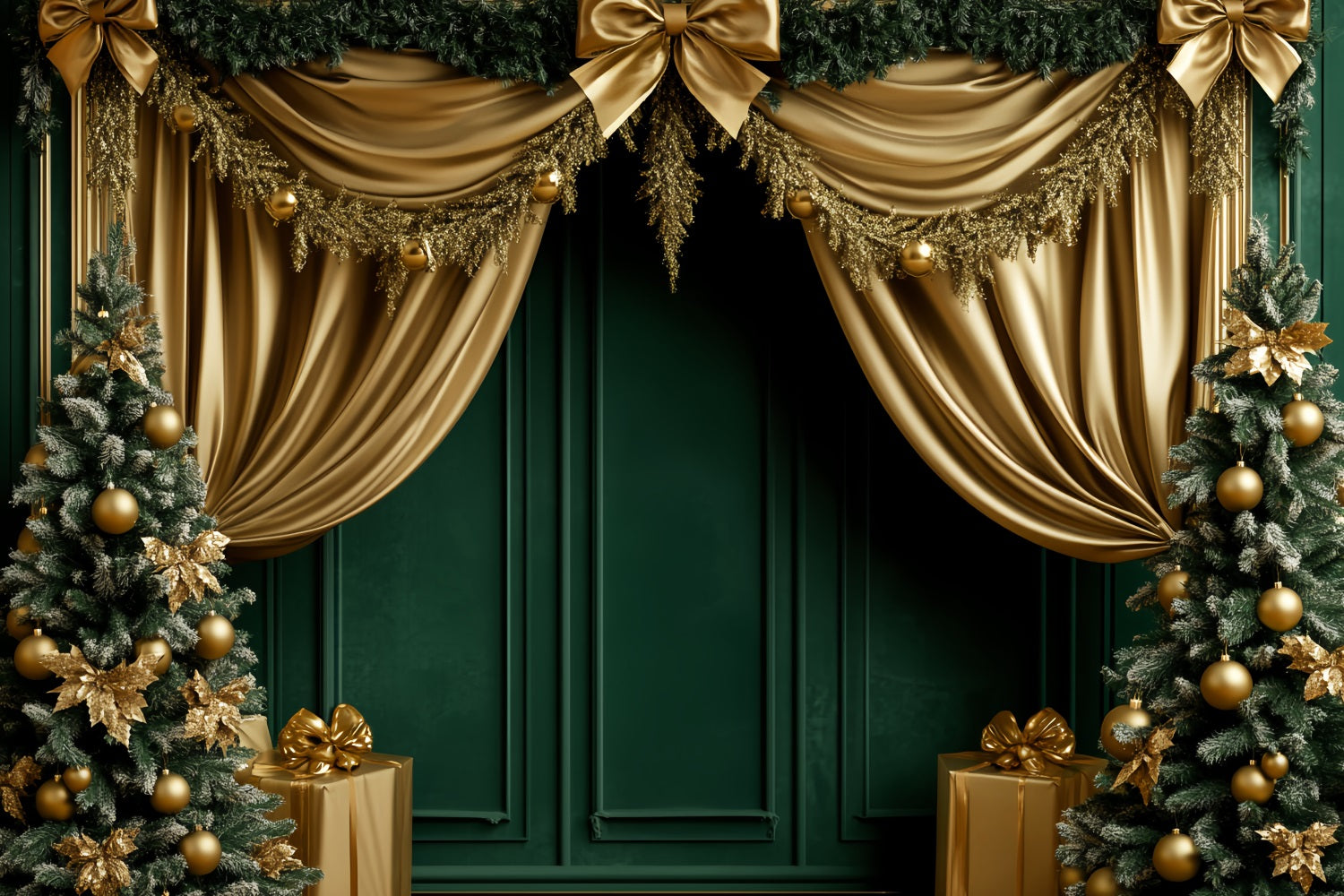 Schleifenhintergründe Smaragdgrün-goldener festlicher Vorhang Viktorianischer Weihnachtshintergrund LXX510-111