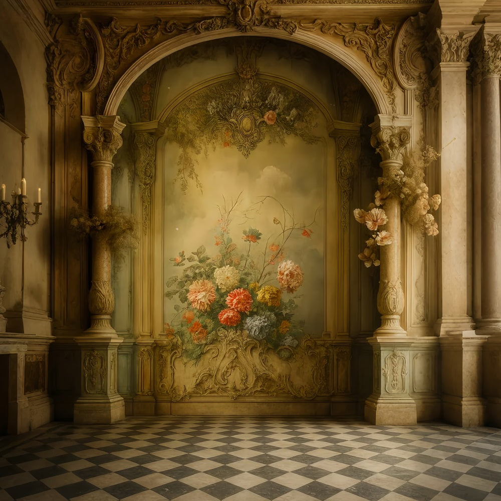 Vintage-Wandhintergrund Barocker Bogen Bloom Hall Viktorianischer Hintergrund LXX510-127