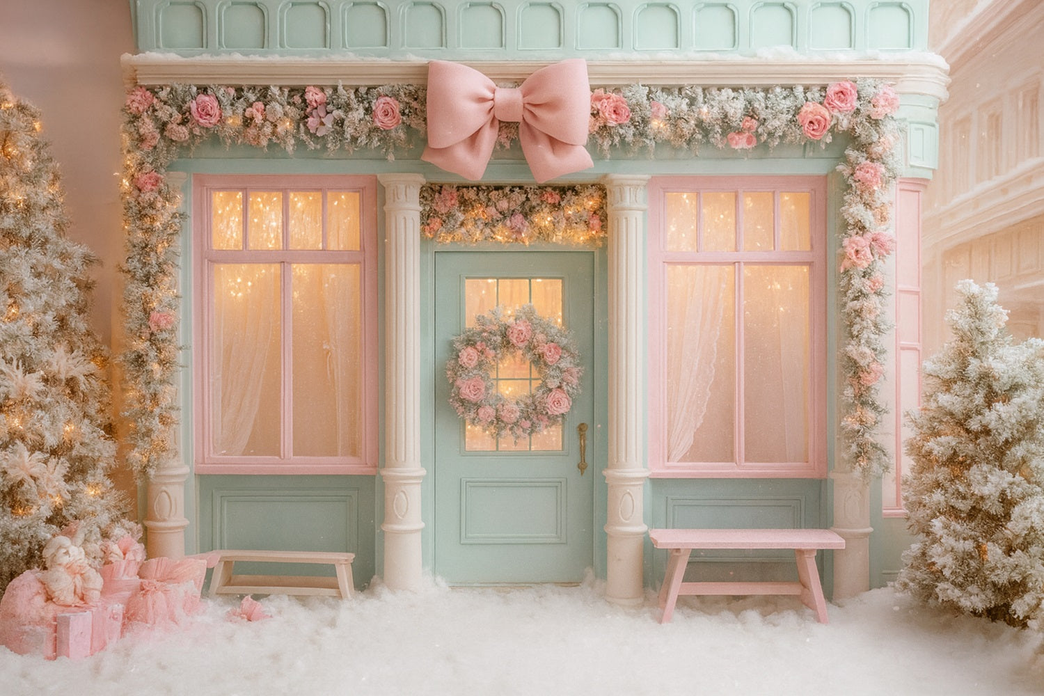 Rosa Schleifen-Hintergrund, pastellfarbene Winterboutique, Tür, Weihnachtsfoto-Hintergrund LXX510-138