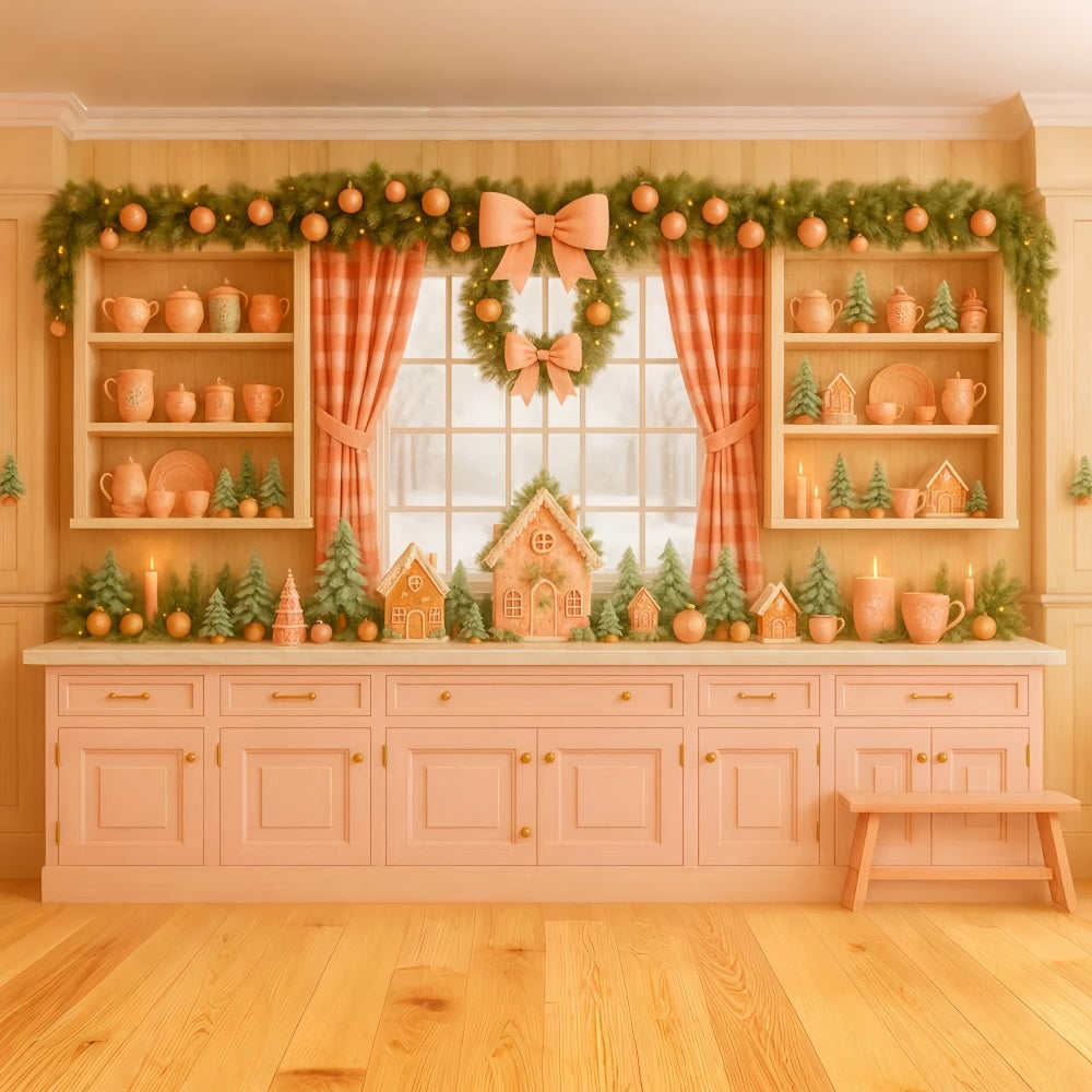 Rosa Schleifen-Hintergrund, Lebkuchen-Küche, Feiertags-Charme, Weihnachts-Hintergrund LXX510-139