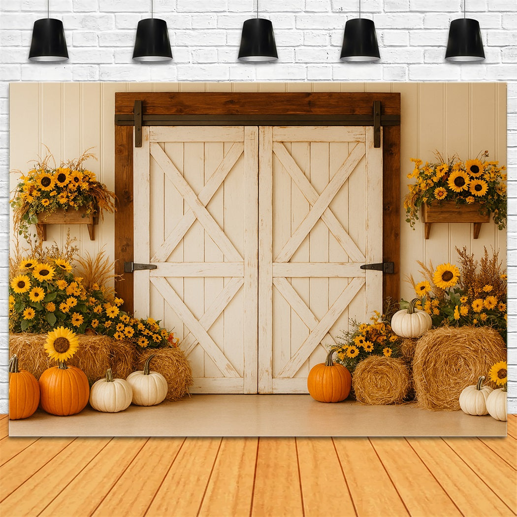Kürbis-Hintergrund Rustikale Scheune Sonnenblumenernte Thanksgiving-Hintergrund LXX510-18