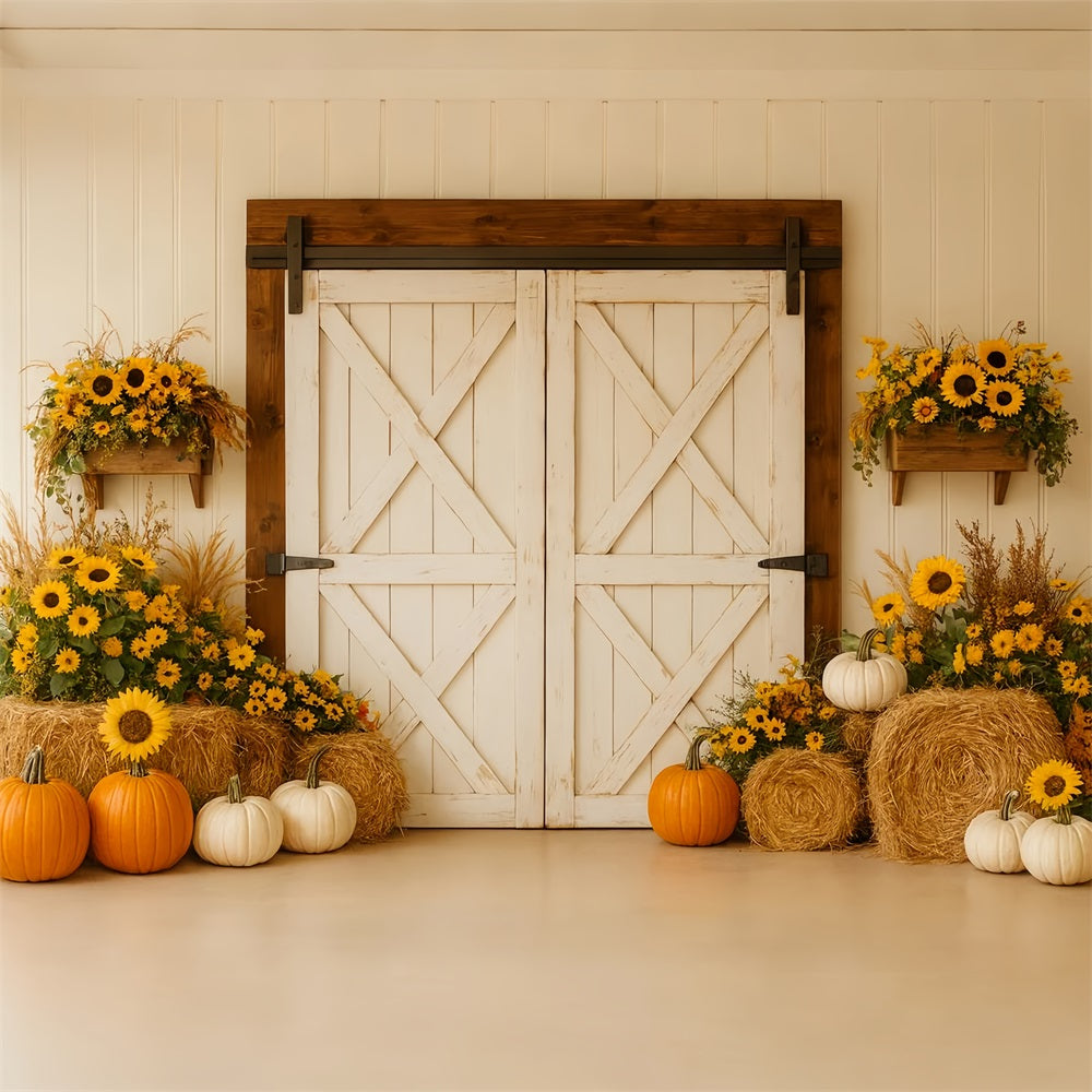Kürbis-Hintergrund Rustikale Scheune Sonnenblumenernte Thanksgiving-Hintergrund LXX510-18