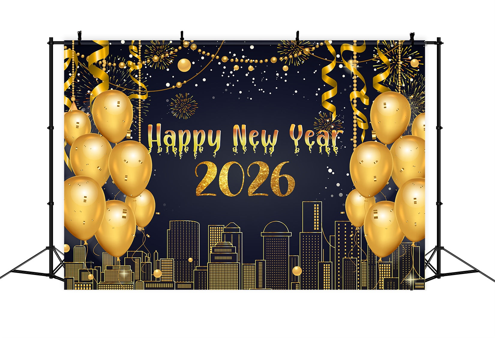 Frohes Neues Jahr Hintergrund Metallische Luftschlangen Skyline Glanz Neujahr Hintergrund LXX510-2