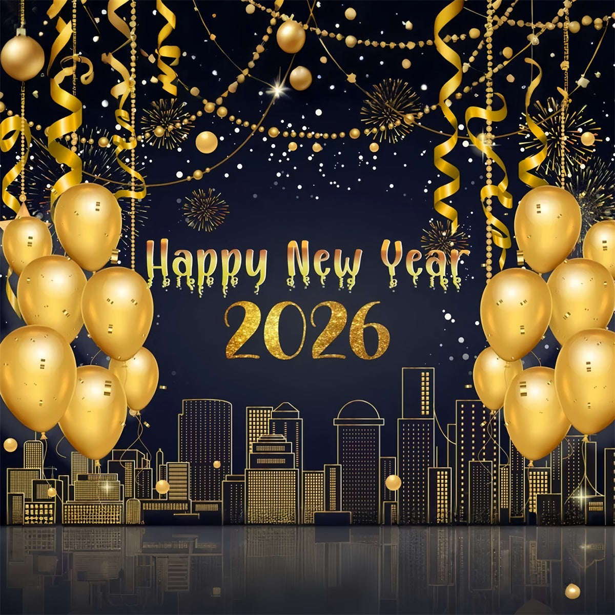 Frohes Neues Jahr Hintergrund Metallische Luftschlangen Skyline Glanz Neujahr Hintergrund LXX510-2