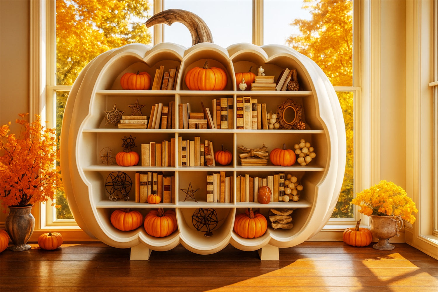 Kürbis-Fotohintergrund Bücherregal Herbstglühen Thanksgiving-Fotohintergründe LXX510-22