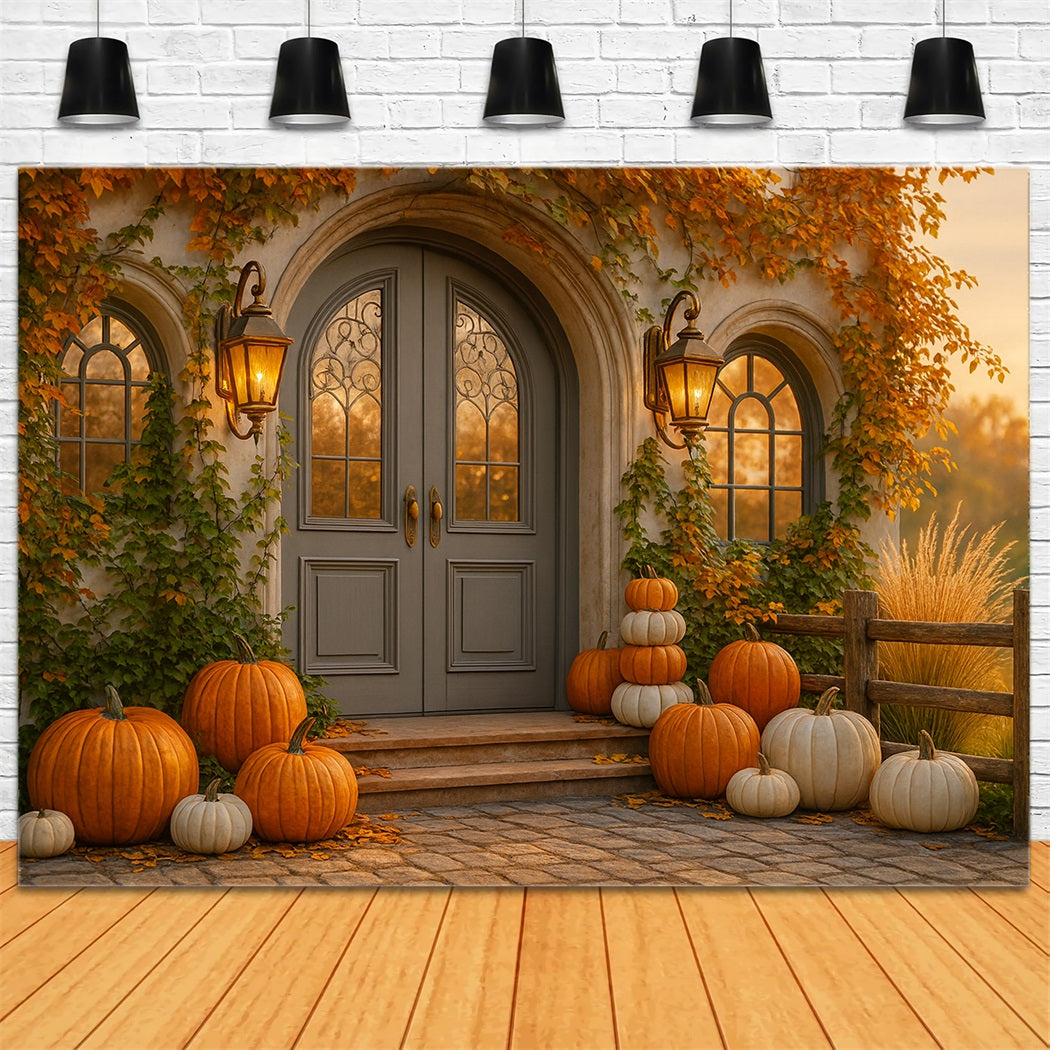 Kürbis-Hintergrund Cottage-Tür Kürbisveranda Frohes Thanksgiving-Hintergrund LXX510-23