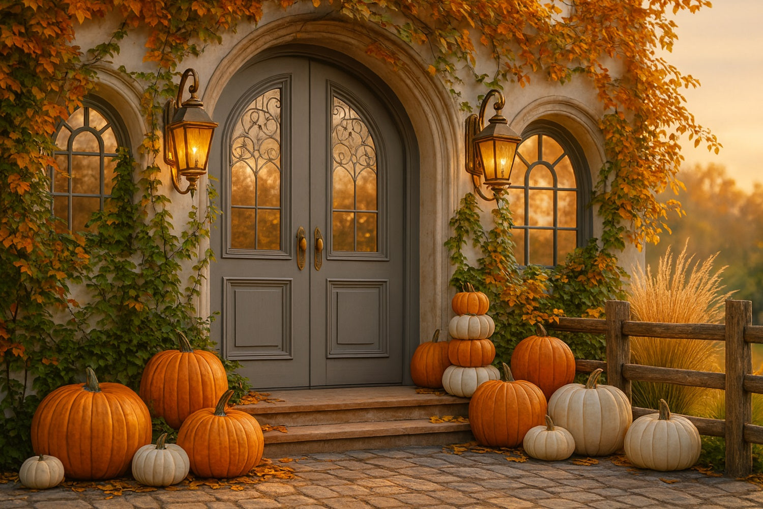 Kürbis-Hintergrund Cottage-Tür Kürbisveranda Frohes Thanksgiving-Hintergrund LXX510-23