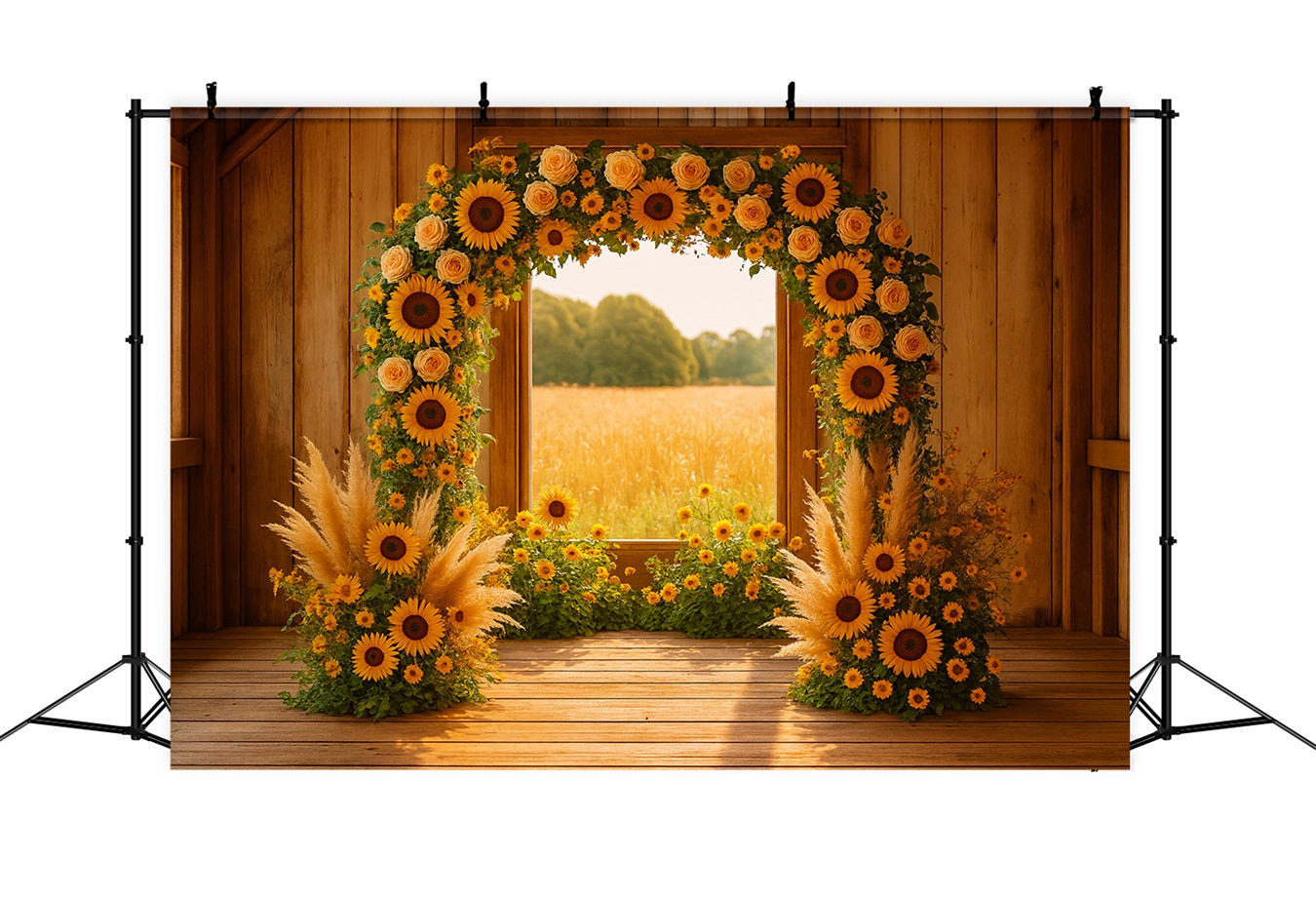 Herbst-Hintergrund Sonnenblumenbogen Rustikale Scheune Ideen für Thanksgiving-Hintergründe LXX510-33