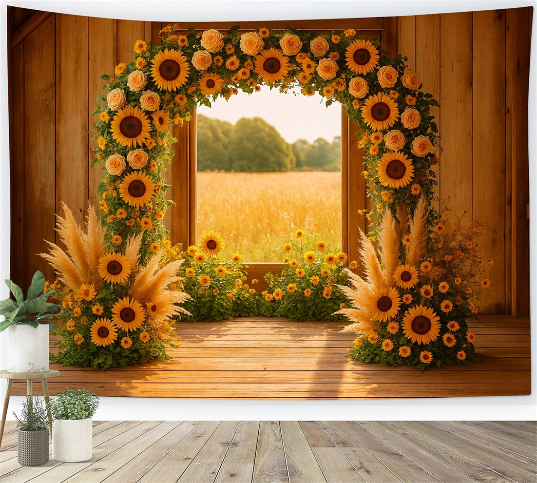 Herbst-Hintergrund Sonnenblumenbogen Rustikale Scheune Ideen für Thanksgiving-Hintergründe LXX510-33