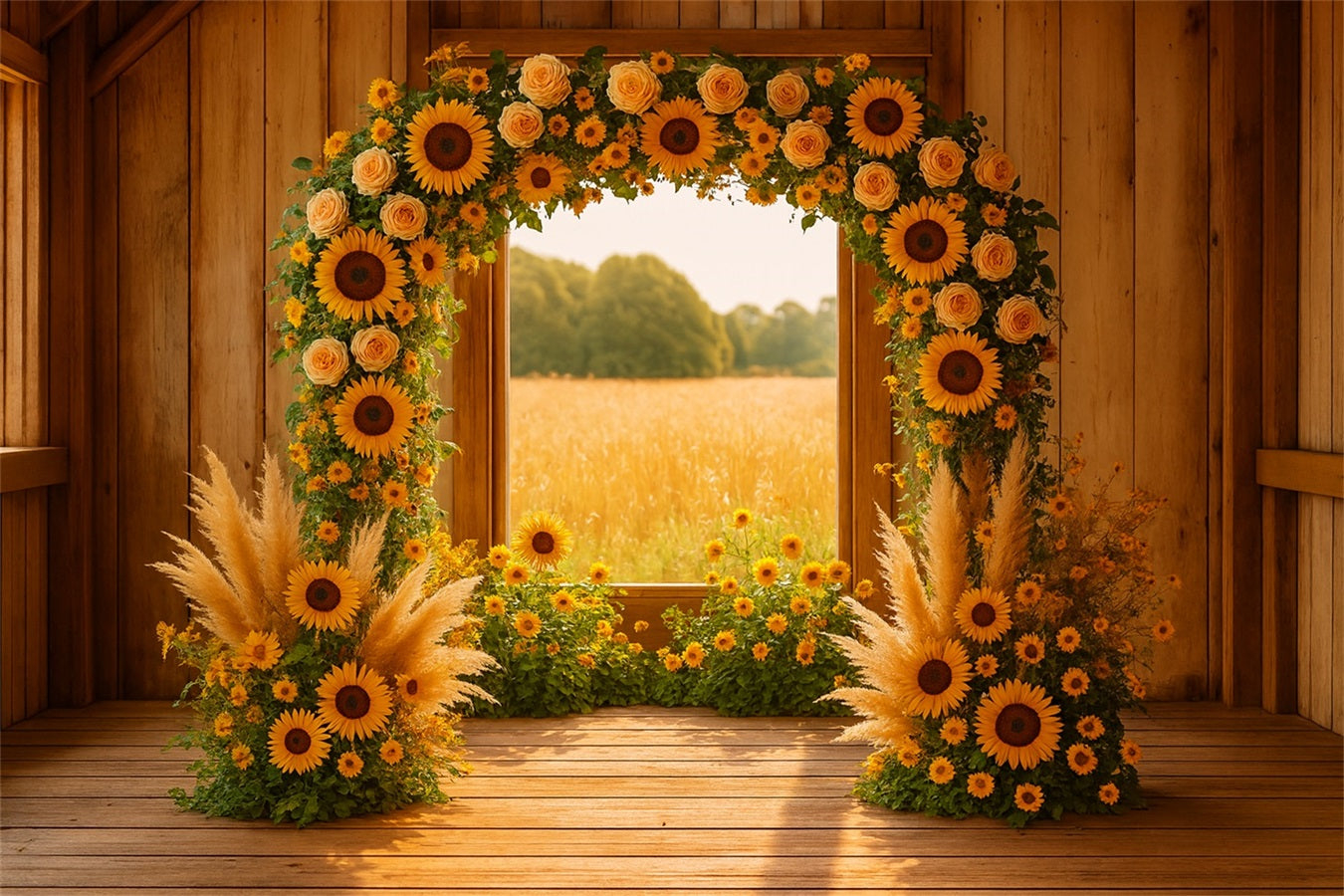 Herbst-Hintergrund Sonnenblumenbogen Rustikale Scheune Ideen für Thanksgiving-Hintergründe LXX510-33
