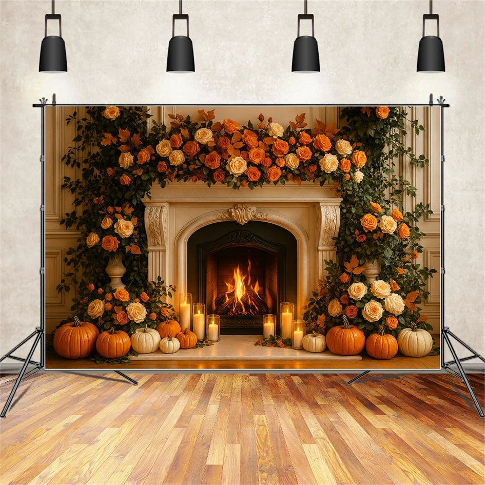 Herbst-Hintergrund Kamin Rosen Kerzenschein Thanksgiving-Hintergrundbild LXX510-36