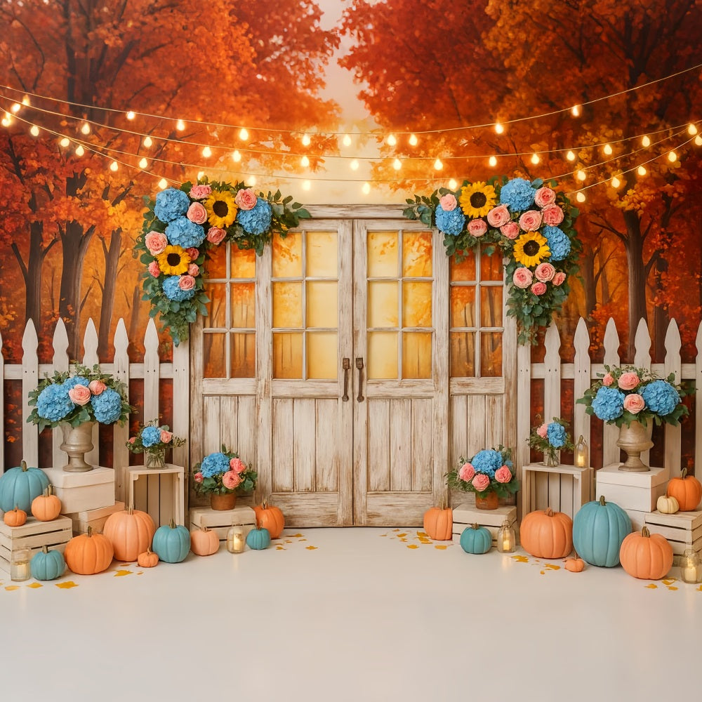 Herbst-Hintergrund Rustikale Tür Blumige Lichter Thanksgiving-Fotohintergrund LXX510-37