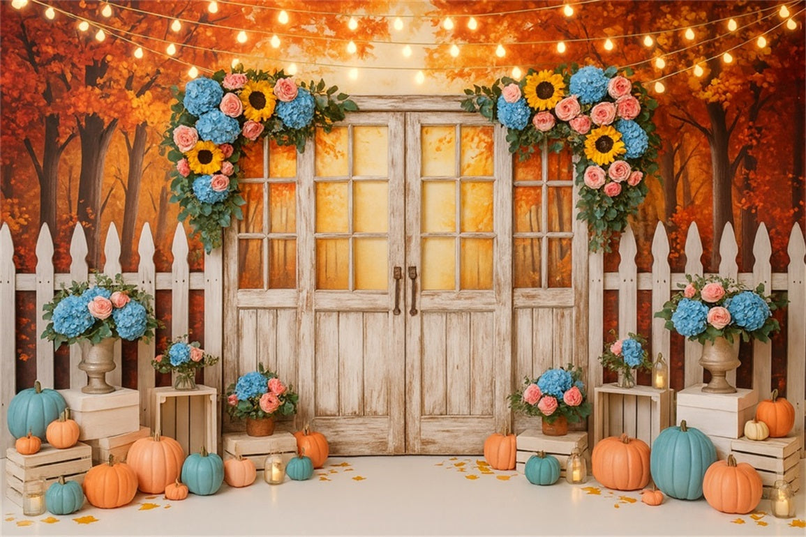 Herbst-Hintergrund Rustikale Tür Blumige Lichter Thanksgiving-Fotohintergrund LXX510-37